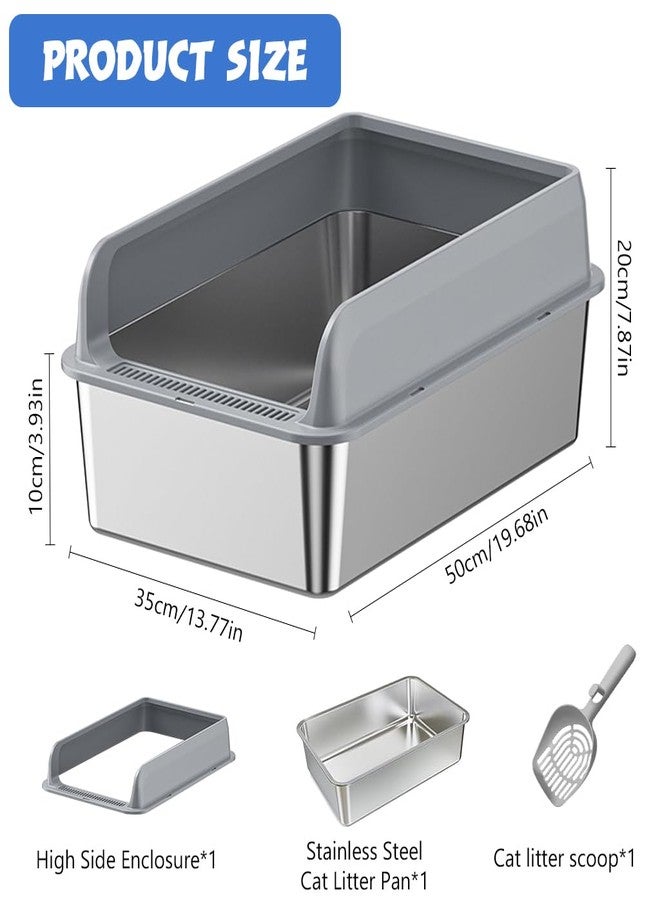 Qpets® Open Top Stainless Steel Cat Litter Box Easy to Clean with Anti-Tip Design Includes Scoop & 4 Non-Slip Mats High Wall Cat Toilet for Odor Control (50x35x20cm, for Under 10kg Cats) - Image 2